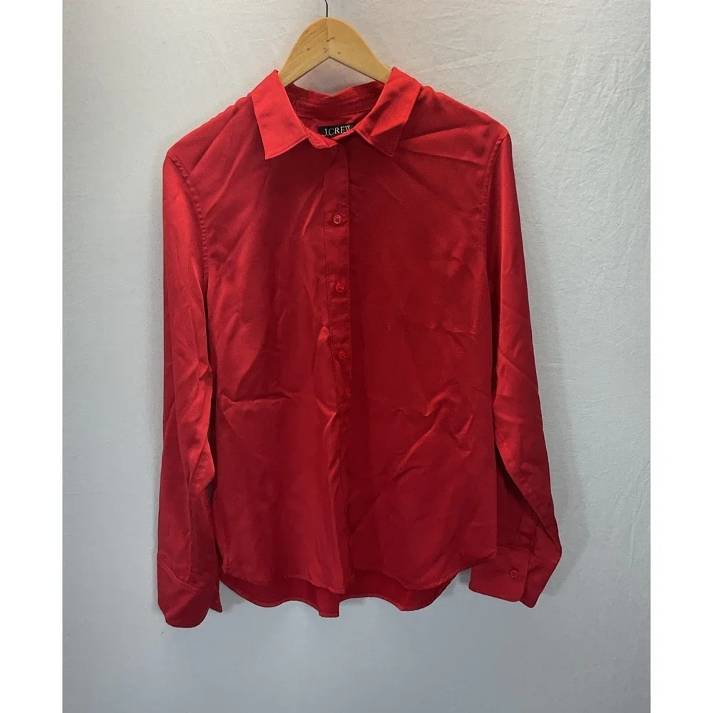 J. Crew Slim-fit satin shirt Red Button‎ up Size 14 career Dressy Party Office